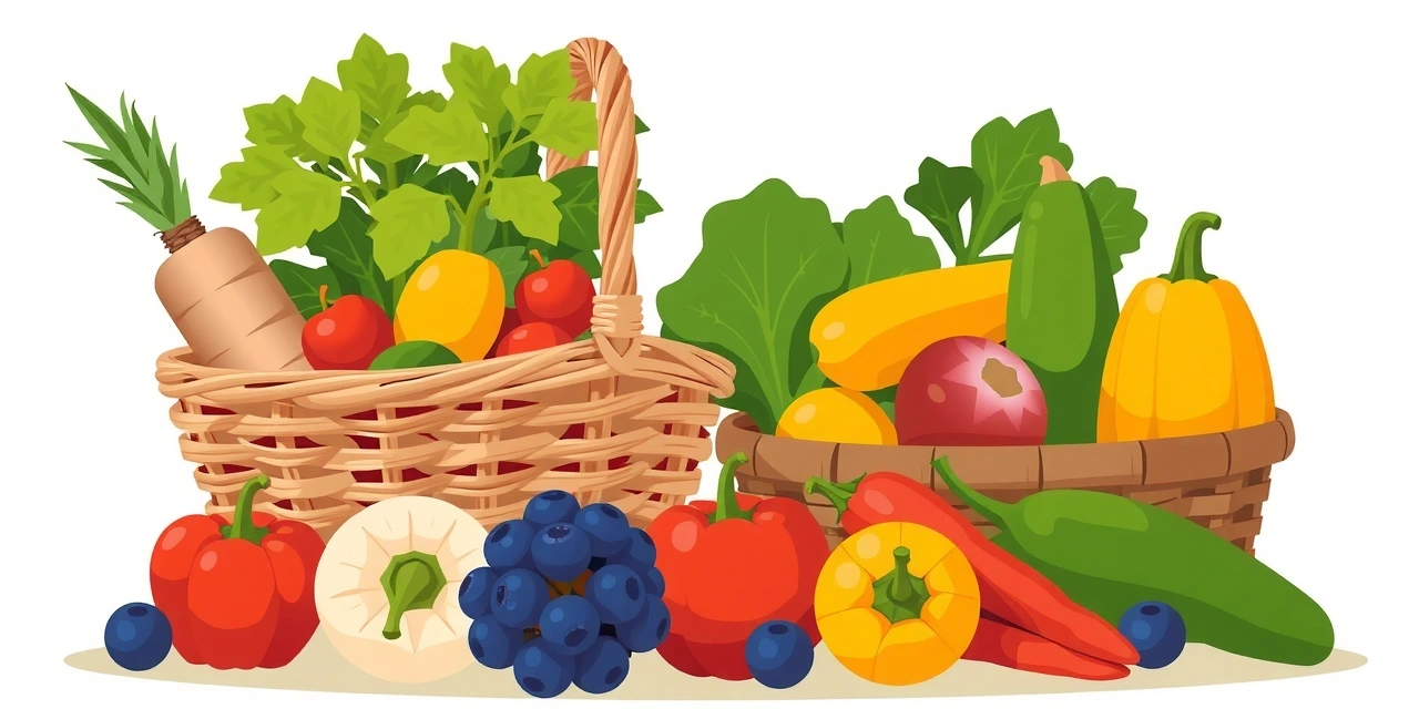 Kolorywne warzywa i owoce w koszu - sezonowe produkty świeże i zdrowe