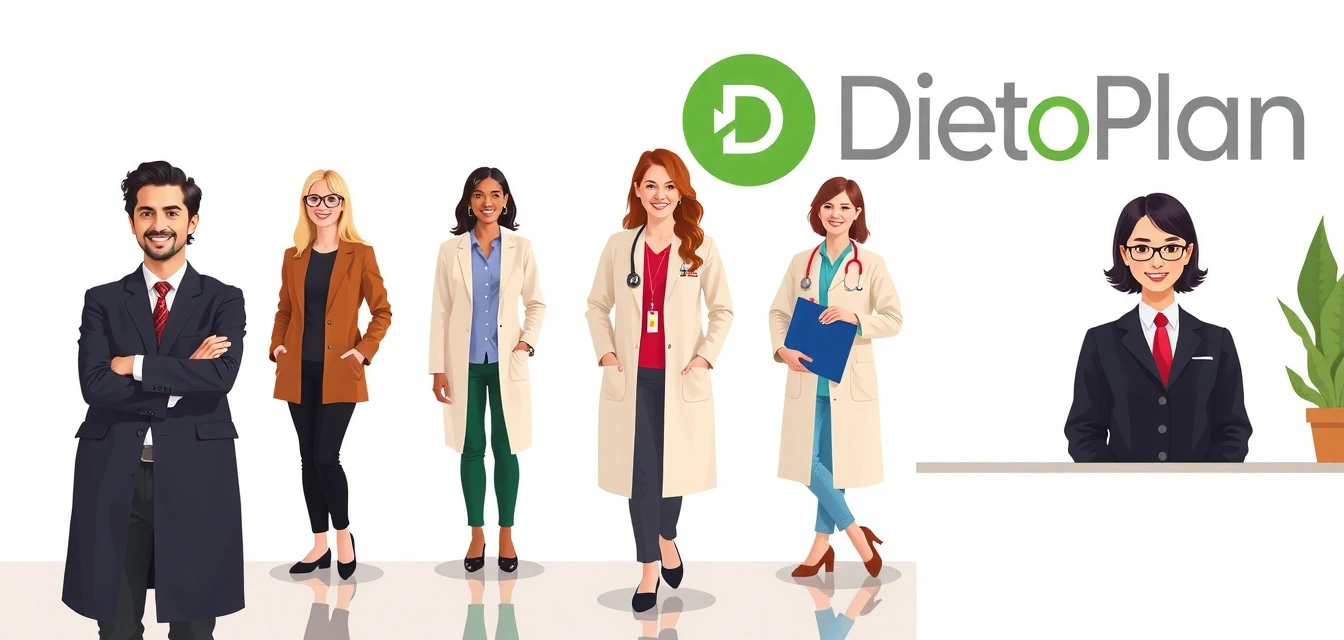 Zespół dietetyków Dietoplanplcz w nowoczesnym biurze - profesjonaliści w białych fartuchach z uśmiechami
